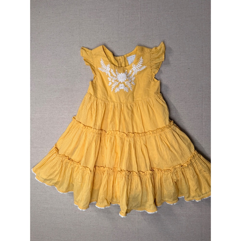Tahari Kids Yellow Tiered Cotton Embroidered Flutter Sleeve Dress Size 3T